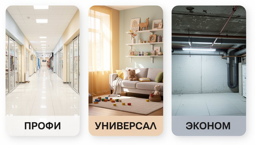 Выбор краски ВДАК по сегменту: Профи для общественных помещений, Универсал для жилых, Эконом для технических
